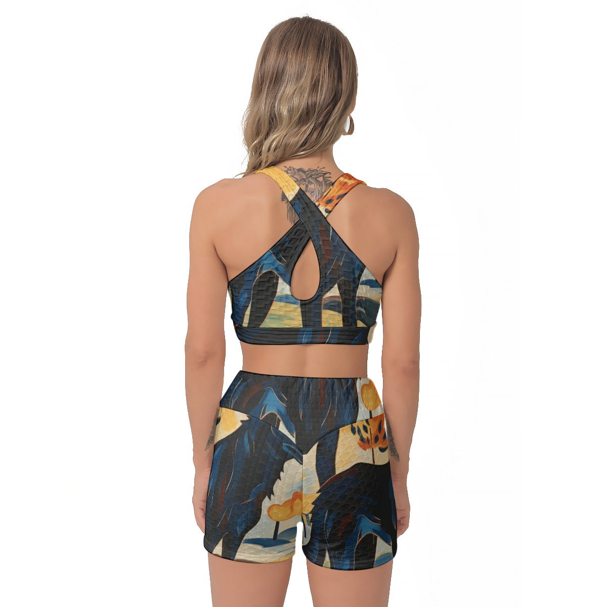 Yoga Set Blue Yellow Wolf Art All-Over Print Women's Sports Bra Suit | 5to9style