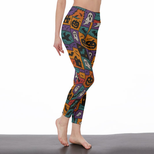 Yoga Pants Horror Character Halloween Patch Collage All-Over Print Women's High Waist Leggings | Side Stitch Closure | 5To9Style