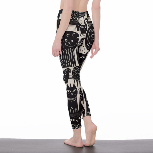 Yoga Pants Cat Monochrome Face Repeat Design Yoga High Waist Leggings | 5To9Style