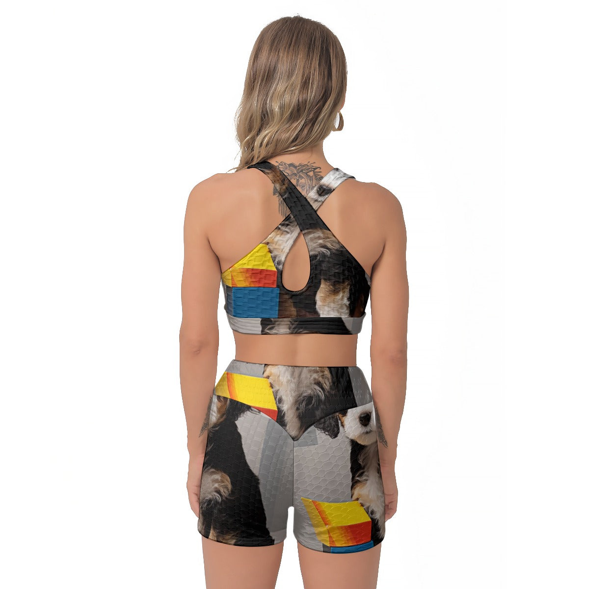 Yoga Set Gray Geometric Dog Art All-Over Print Women's Sports Bra Suit | 5to9style