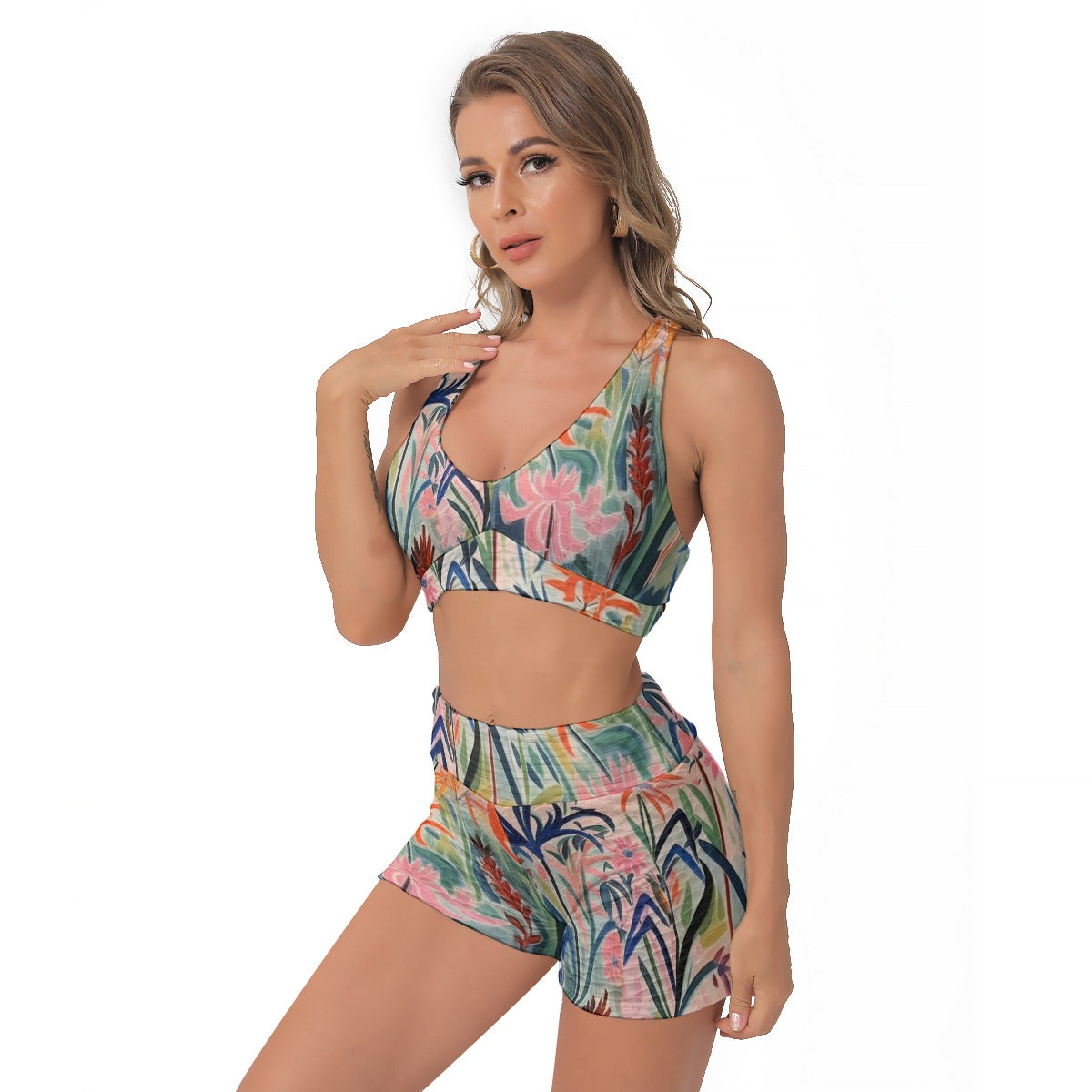 Yoga Set Sunset Tropical Flower Art All-Over Print Women's Sports Bra Suit | 5to9style