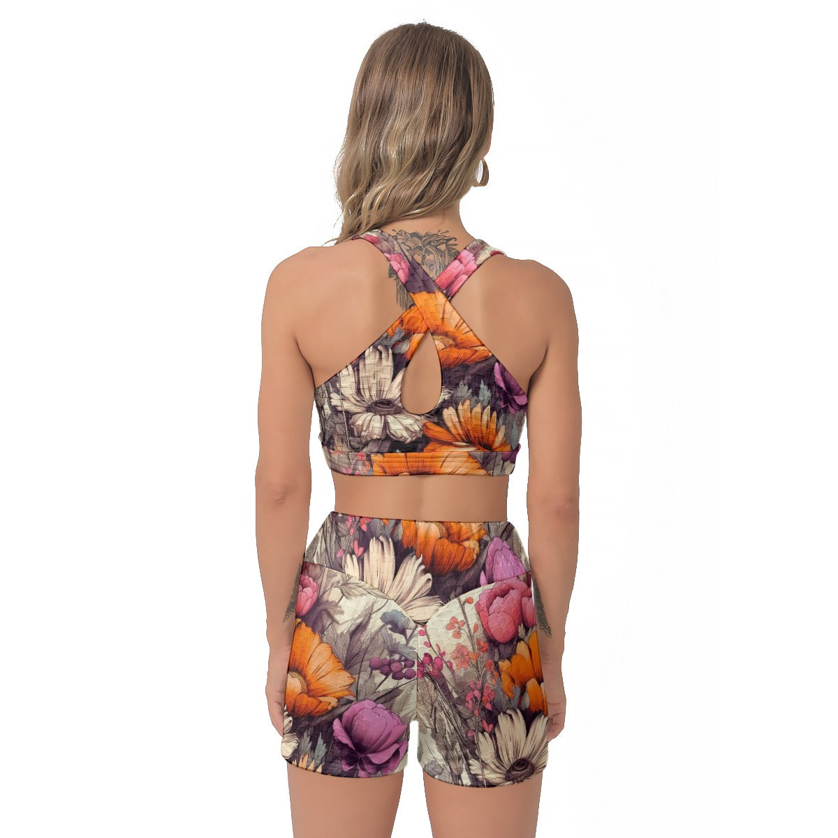 Yoga Set Exotic Color Burst Flower Art All-Over Print Women's Sports Bra Suit | 5to9style