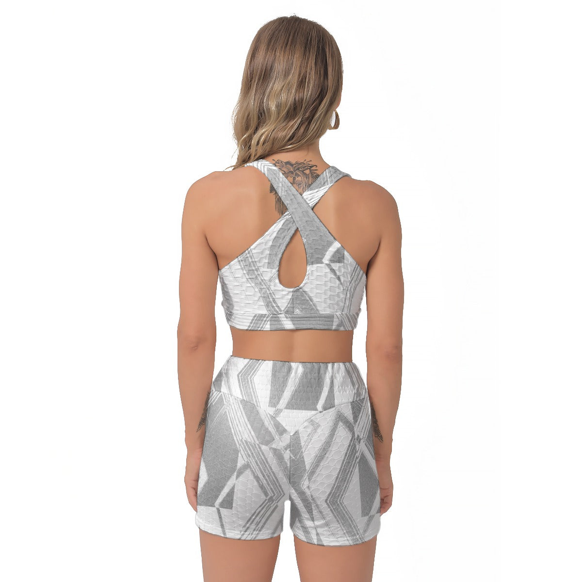 Yoga Set Geometric Silver Tone Art All-Over Print Women's Sports Bra Suit | 5to9style