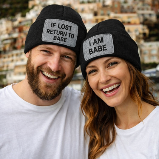 If Lost Return To Babe Couple Gift, Valentine Knit Beanie Hat - Rectangle Patch