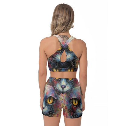 Yoga Set Cats and Flowers Pattern All-Over Print Women's Sports Bra Suit | 5to9style