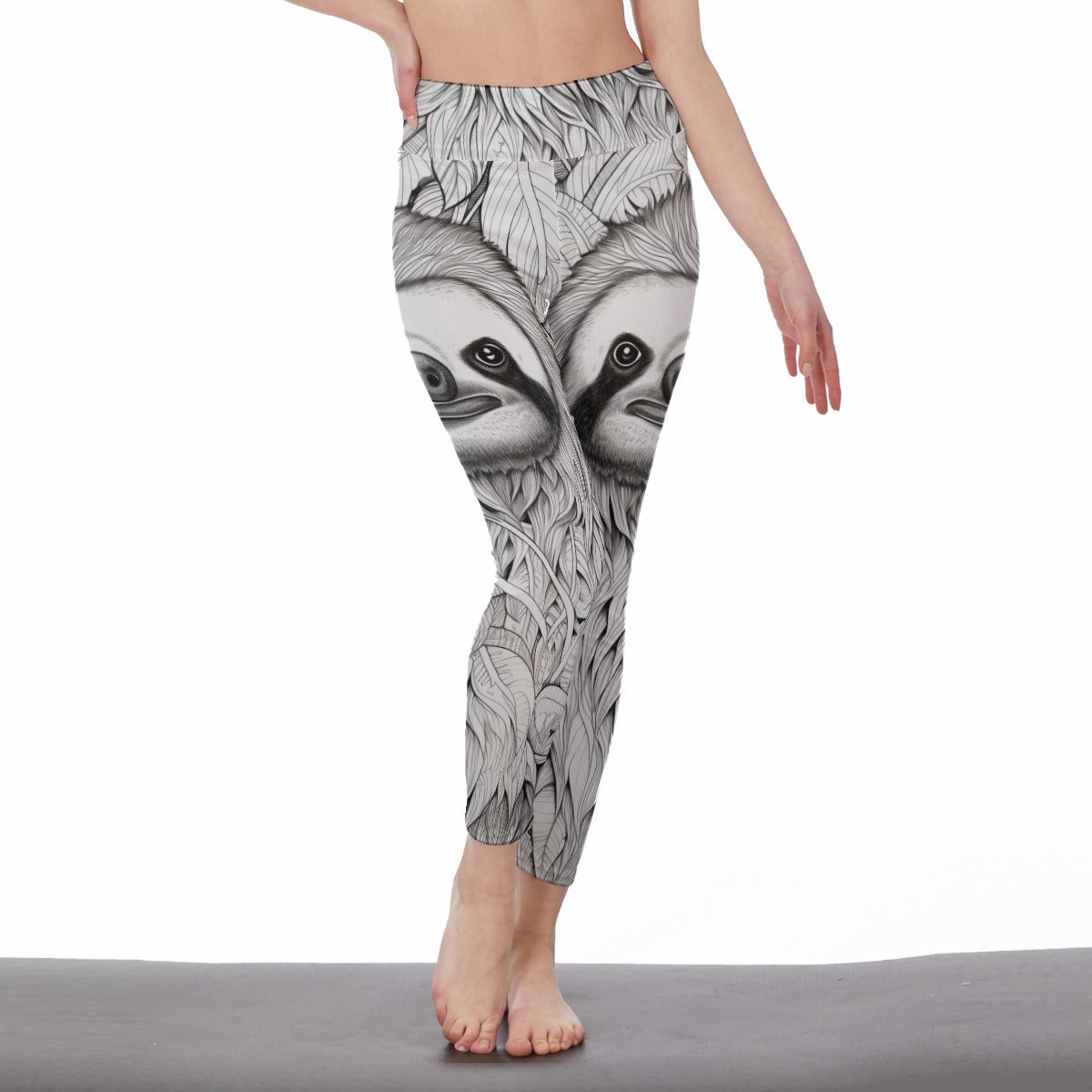 Yoga Pants Sloth Hand Drawn Leaf Pattern Yoga High Waist Leggings | 5To9Style