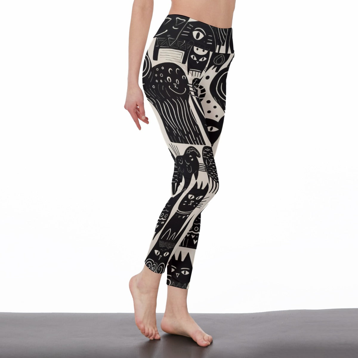 Yoga Pants Cat Monochrome Face Repeat Design Yoga High Waist Leggings | 5To9Style