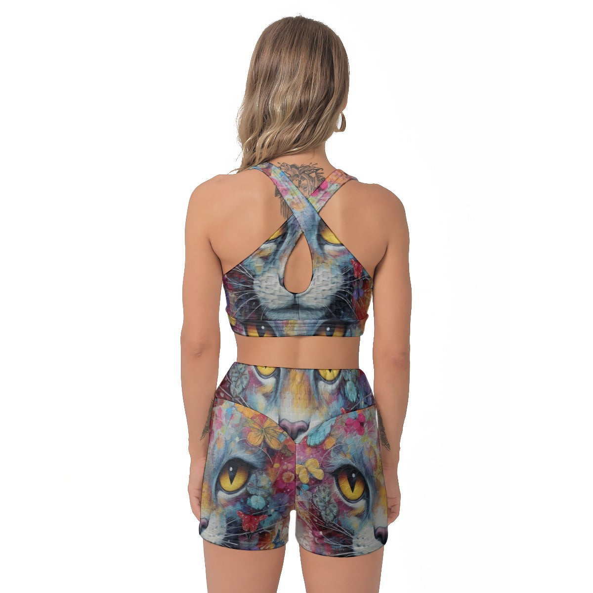 Yoga Set Cats and Flowers Pattern 02 All-Over Print Women's Sports Bra Suit | 5to9style