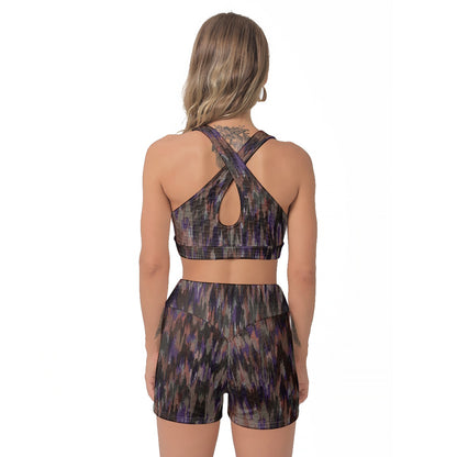 Yoga Set Dark Abstract Brushstroke Art All-Over Print Women's Sports Bra Suit | 5to9style