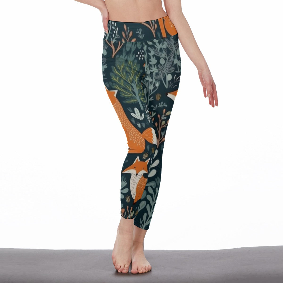 Yoga Pants Rustic Fox and Forest Leaf Print Yoga High Waist Leggings | 5To9Style