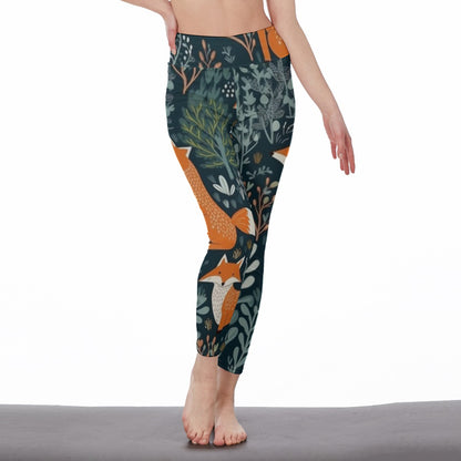 Yoga Pants Rustic Fox and Forest Leaf Print Yoga High Waist Leggings | 5To9Style