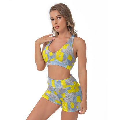 Yoga Set Yellow Abstract Shapes Art All-Over Print Women's Sports Bra Suit | 5to9style