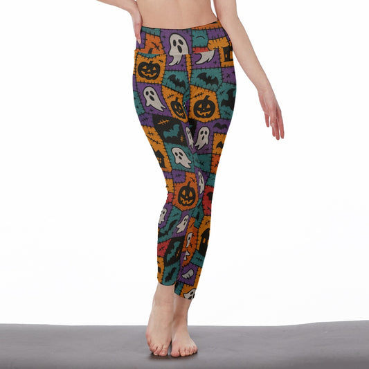 Yoga Pants Horror Character Halloween Patch Collage  All-Over Print Women's High Waist Leggings | Side Stitch Closure | 5To9Style