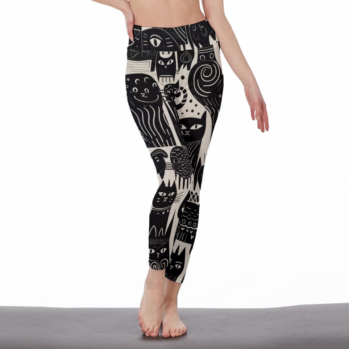 Yoga Pants Cat Monochrome Face Repeat Design Yoga High Waist Leggings | 5To9Style