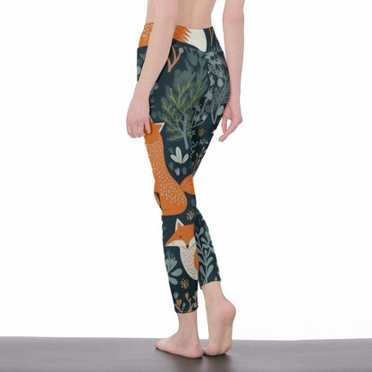 Yoga Pants Rustic Fox and Forest Leaf Print Yoga High Waist Leggings | 5To9Style