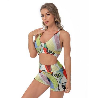 Yoga Set Vibrant Geometric Dog Art All-Over Print Women's Sports Bra Suit | 5to9style