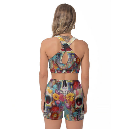 Yoga Set Skull and Flowers Pattern All-Over Print Women's Sports Bra Suit | 5to9style