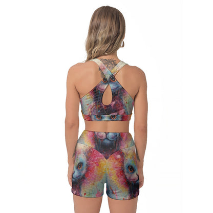 Yoga Set Cats and Flowers Pattern 03 All-Over Print Women's Sports Bra Suit | 5to9style