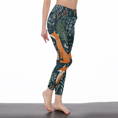 Yoga Pants Rustic Fox and Forest Leaf Print Yoga High Waist Leggings | 5To9Style