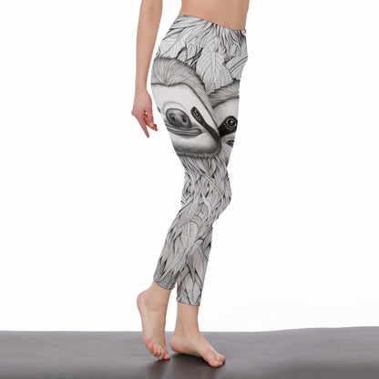 Yoga Pants Sloth Hand Drawn Leaf Pattern Yoga High Waist Leggings | 5To9Style