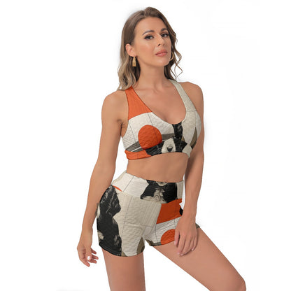 Yoga Set Orange Black Abstract Art All-Over Print Women's Sports Bra Suit | 5to9style