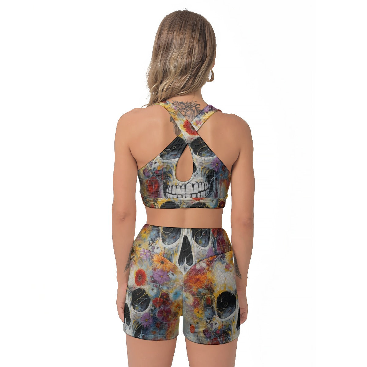 Yoga Set Skull Flower Pattern 02 All-Over Print Women's Sports Bra Suit | 5to9style
