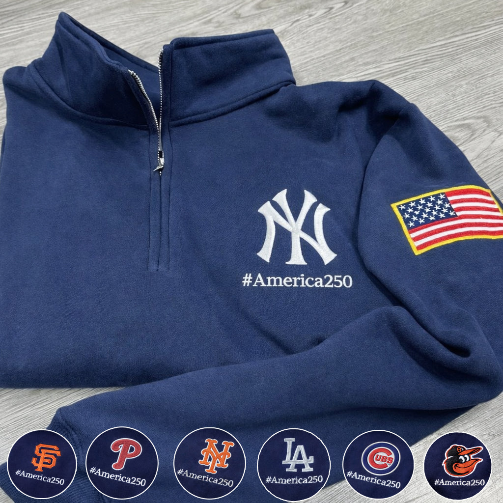 USA 250 Anniversary Embroidered Logo Premium Quarter Zip Sweatshirt, Inspired Quarter Zip Sweater, Unisex Baseball Sweatshirt