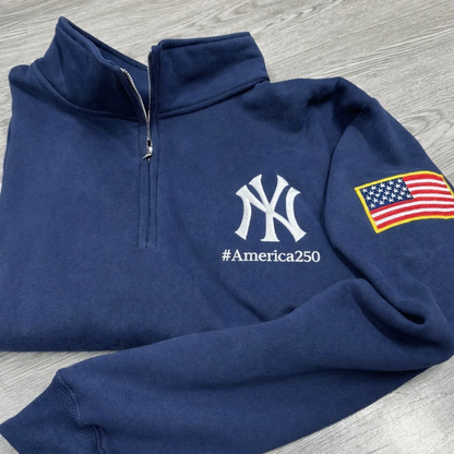 USA 250 Anniversary Embroidered Logo Premium Quarter Zip Sweatshirt, Inspired Quarter Zip Sweater, Unisex Baseball Sweatshirt