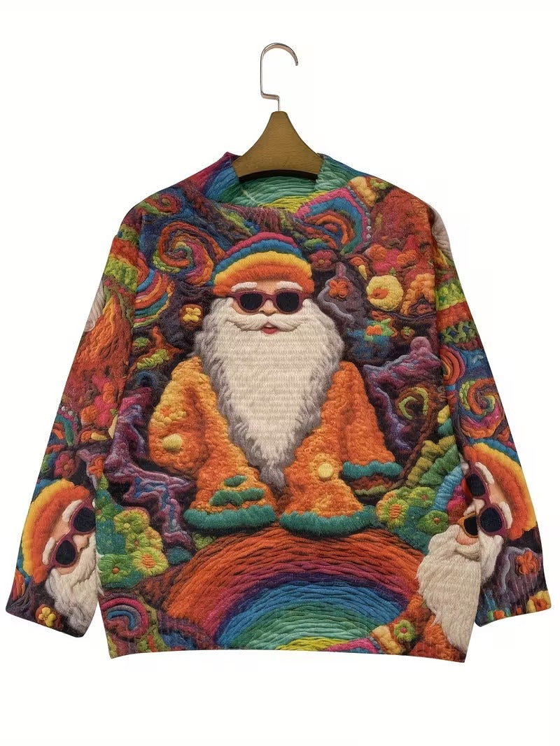 Hippie Santa Claus  Women'S Casual Crew Neck Long Sleeve Sweater, 3D Hipster All-Over Print