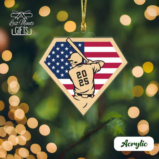 Custom Baseball Christmas Ornament, American Flag, Personalized Gift