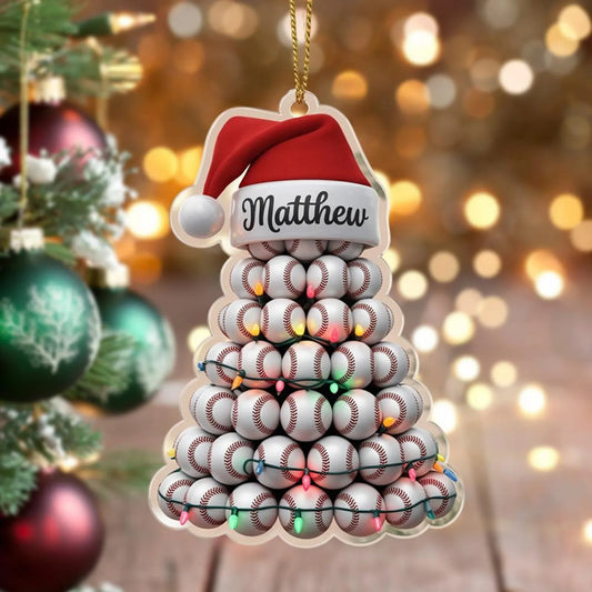 Personalized Baseball Christmas Tree Ornament, Custom Name Sports Fan Gift, Baseball Stack Holiday Decor, Coach Keepsake