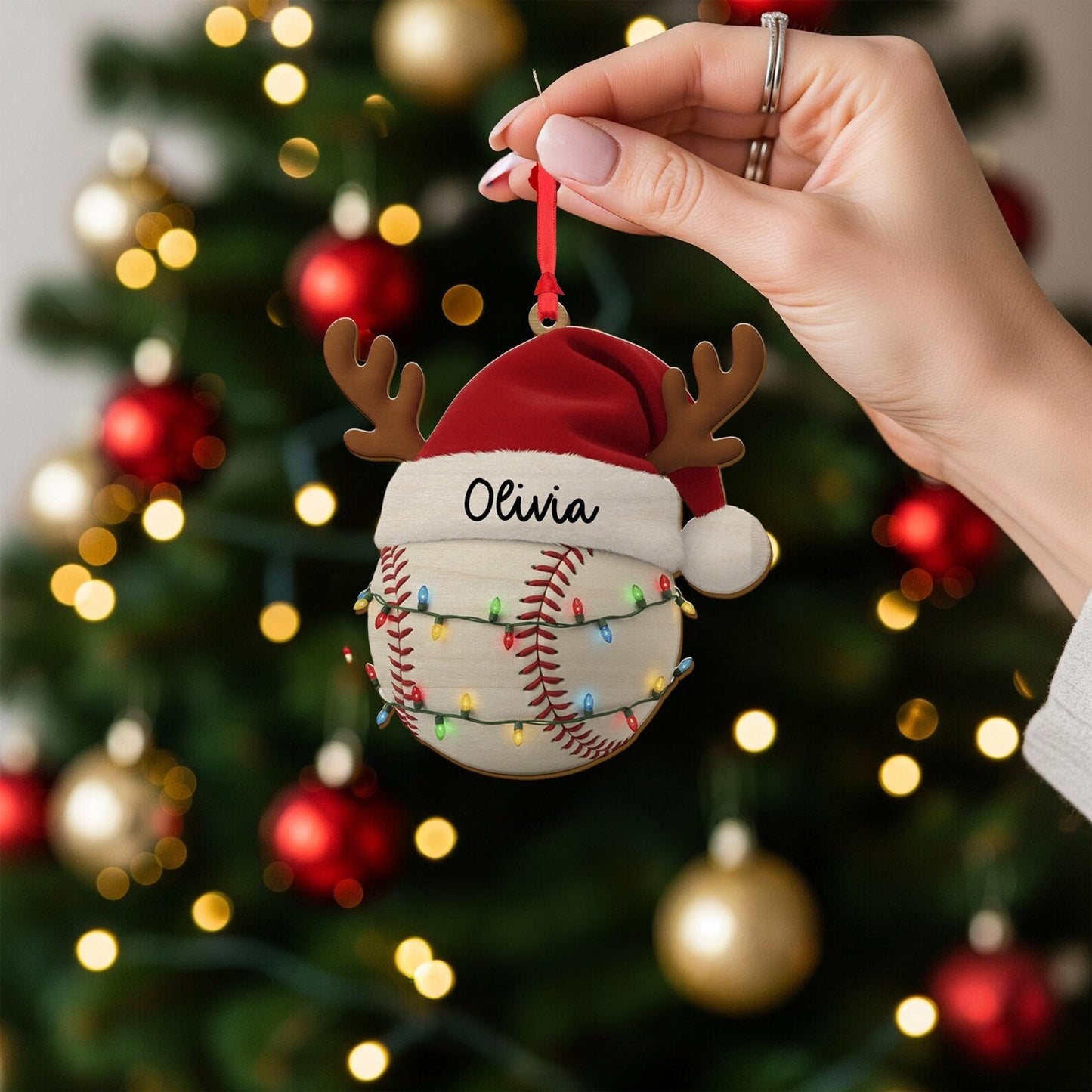 CUSTOMIZABLE Baseball Ornament With Santa Hat, PERSONALIZABLE Christmas Tree Decoration, Cute Sports Gift for Kids Him Her Family Friends