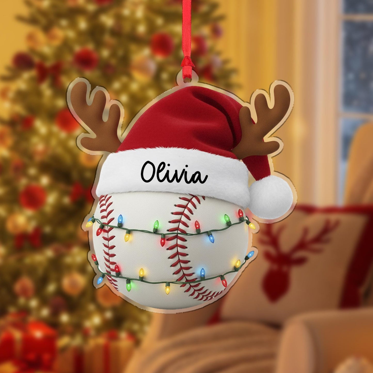 CUSTOMIZABLE Baseball Ornament With Santa Hat, PERSONALIZABLE Christmas Tree Decoration, Cute Sports Gift for Kids Him Her Family Friends
