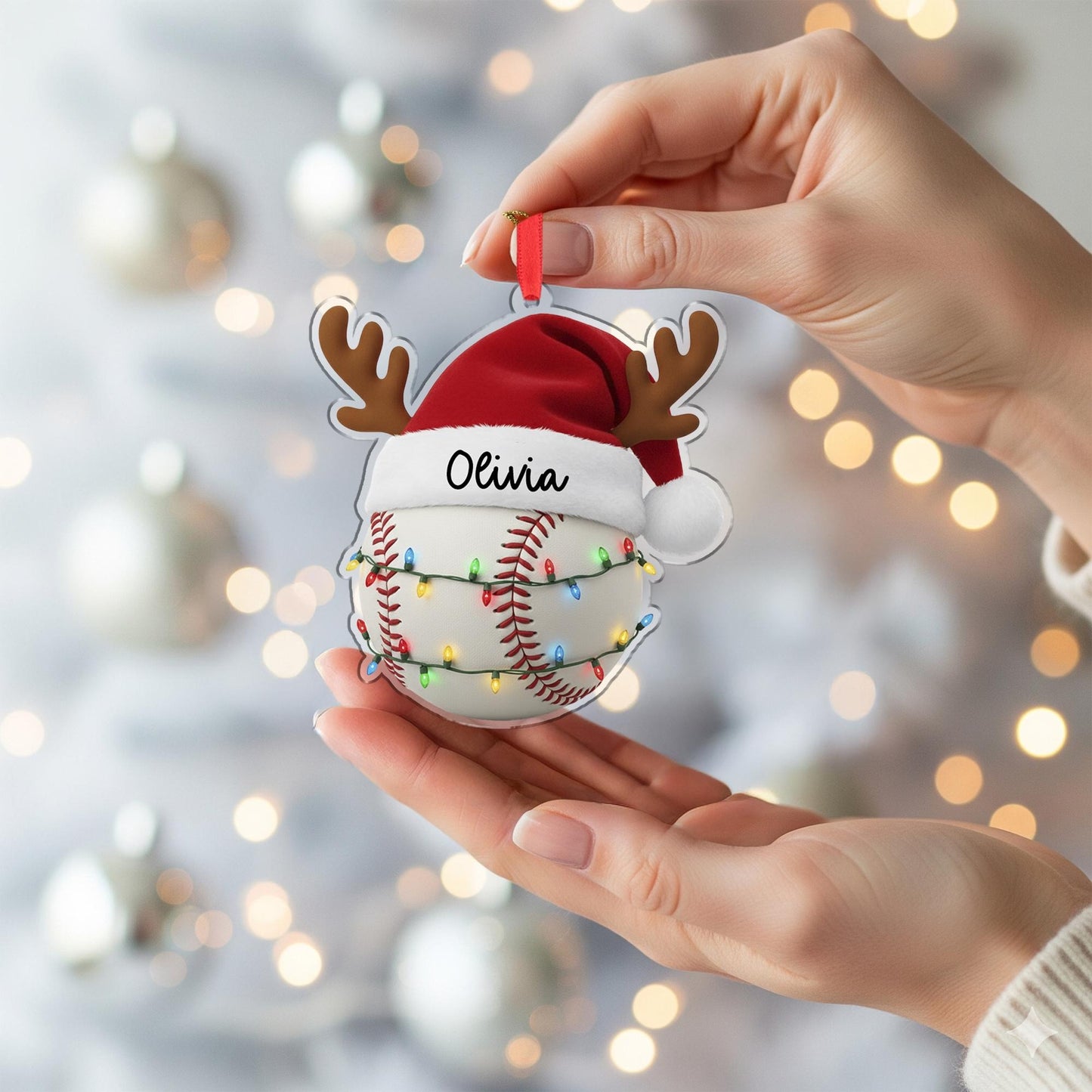 CUSTOMIZABLE Baseball Ornament With Santa Hat, PERSONALIZABLE Christmas Tree Decoration, Cute Sports Gift for Kids Him Her Family Friends