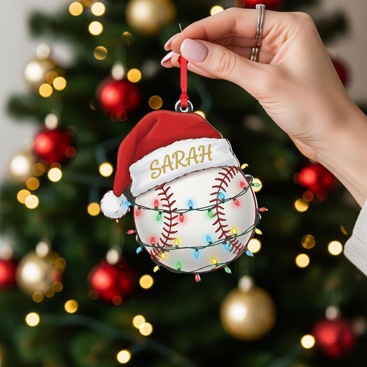 Personalized Baseball Christmas Ornament, Custom Name Baseball Player Ornament, Sports Team Gift, Santa Hat Baseball Player Gift