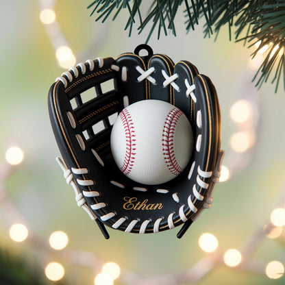 Baseball Glove Christmas Ornament – Personalized Sports Design With Ball and Custom Name, Perfect Holiday Gift for Baseball Lovers