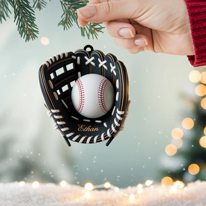 Baseball Glove Christmas Ornament – Personalized Sports Design With Ball and Custom Name, Perfect Holiday Gift for Baseball Lovers