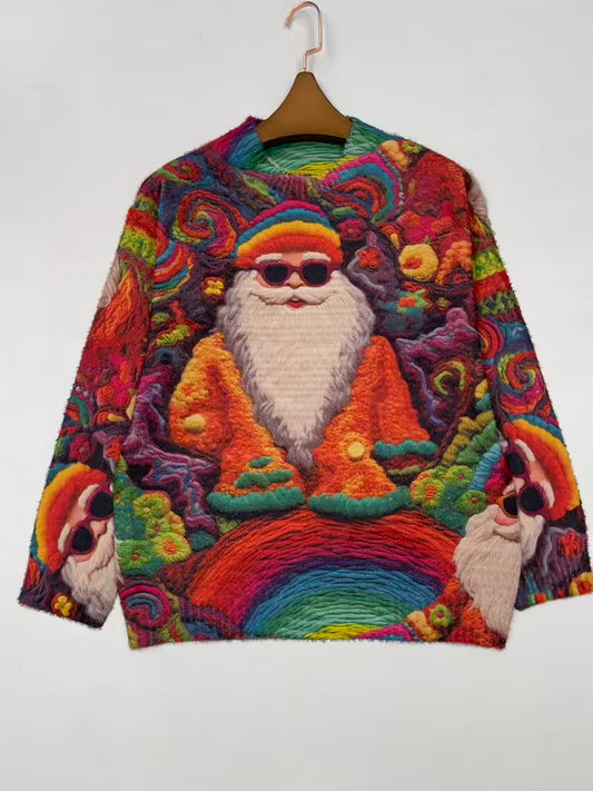 Hippie Santa Claus  Women'S Casual Crew Neck Long Sleeve Sweater, 3D Hipster All-Over Print